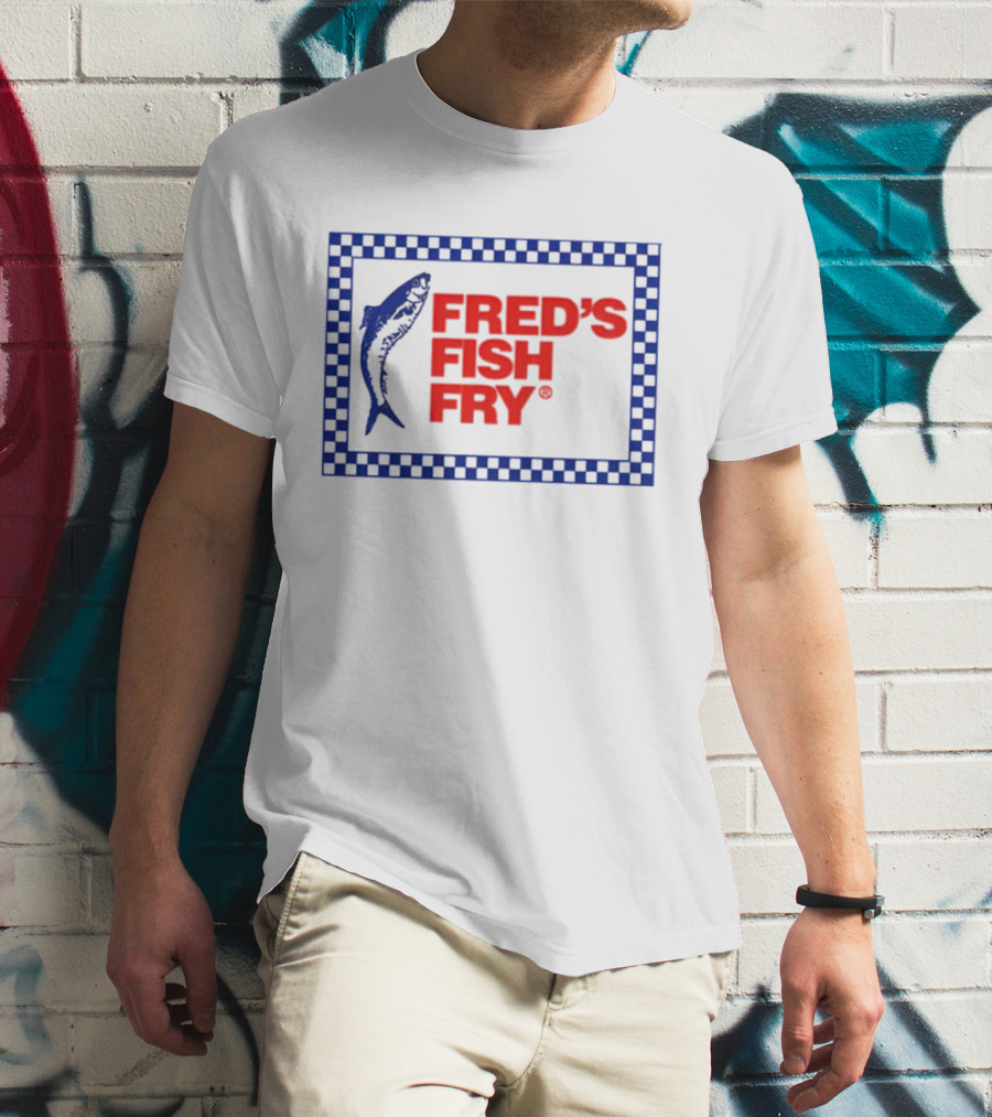 FRED'S FISH FRY Checkered Border With Jumping Fish T-Shirt