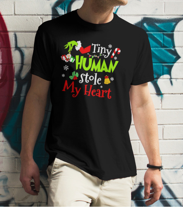 Tiny Human Stole My Heart Grinchmas Xmas With Candy Cane And Gifts T-Shirt