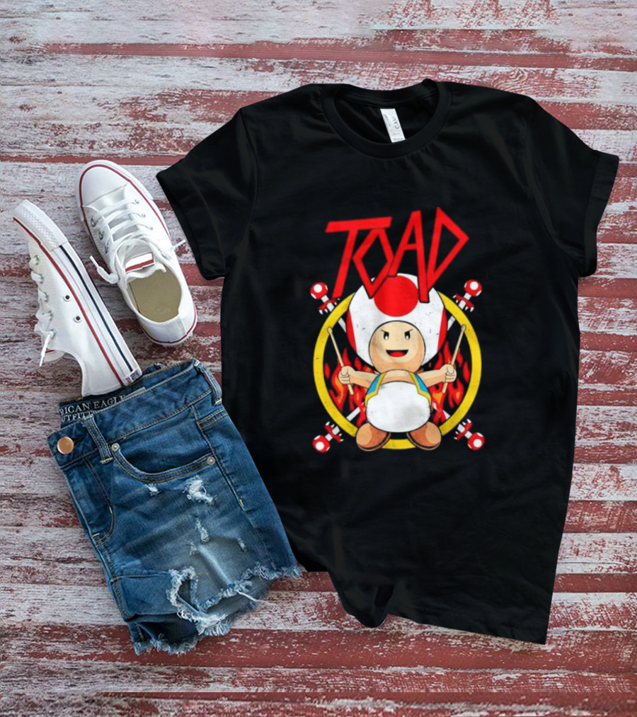 TOAD Heavy Metal Mushroom Drummer With Drumsticks And Flames Background T-Shirt