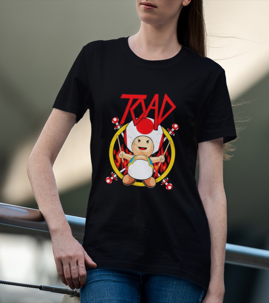 TOAD Heavy Metal Mushroom Drummer With Drumsticks And Flames Background T-Shirt