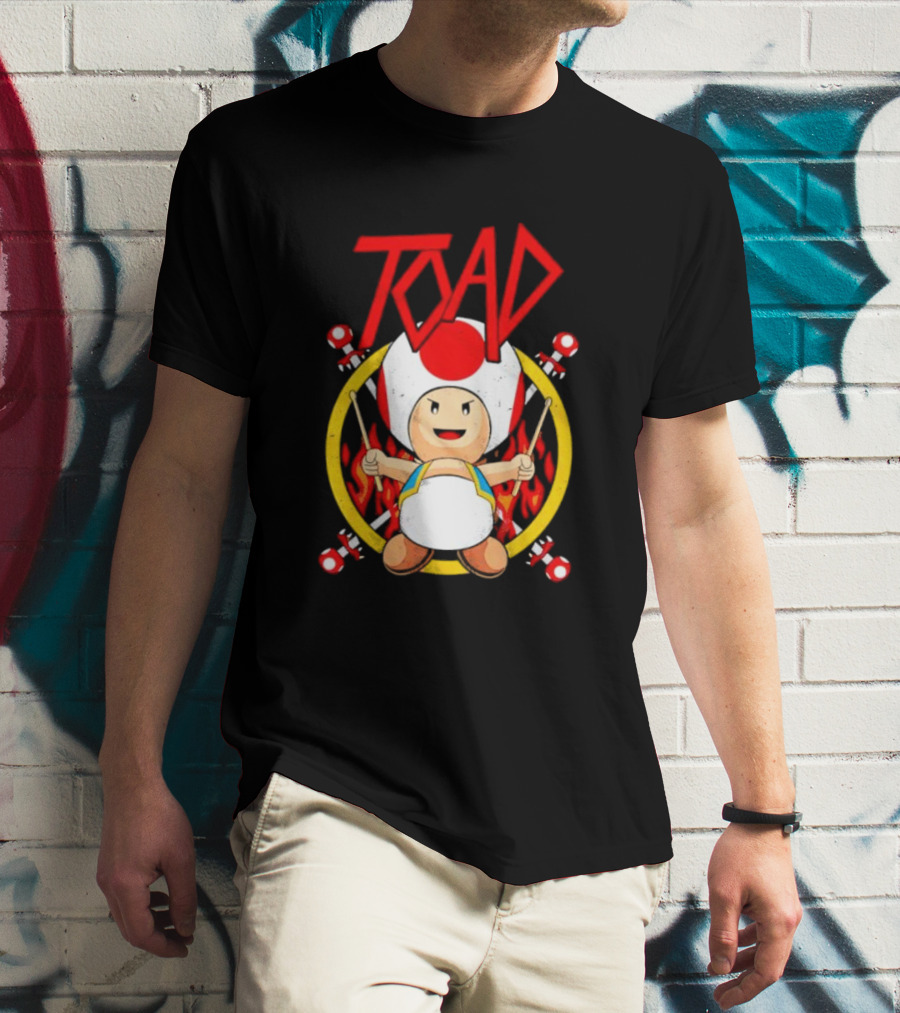 TOAD Heavy Metal Mushroom Drummer With Drumsticks And Flames Background T-Shirt