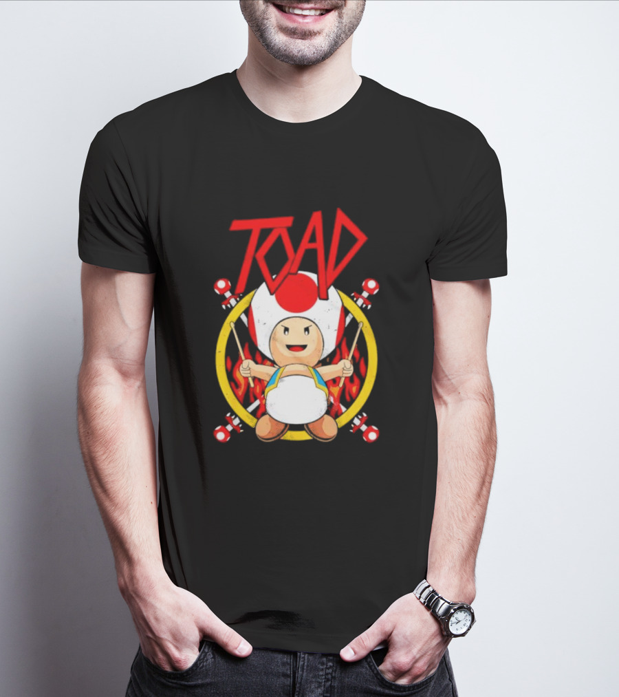 TOAD Heavy Metal Mushroom Drummer With Drumsticks And Flames Background T-Shirt