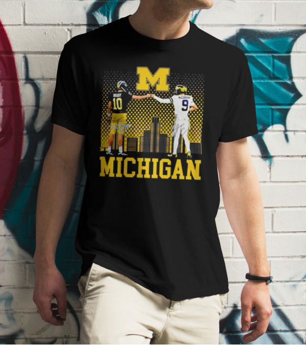Michigan Wolverines Tom Brady Jj McCarthy Iconic Players Fist Bump Skyline T-Shirt