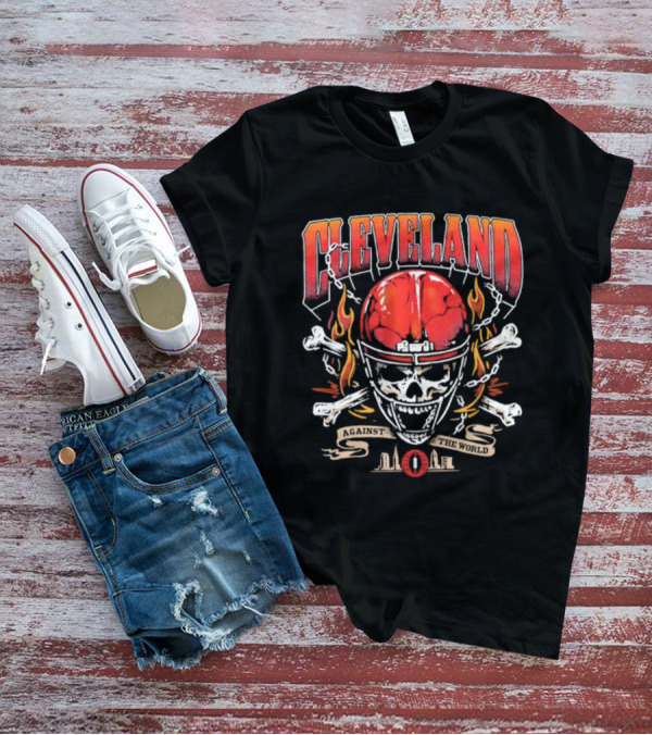 Cleveland Against The World Skull Helmet Flames Crossbones T-Shirt