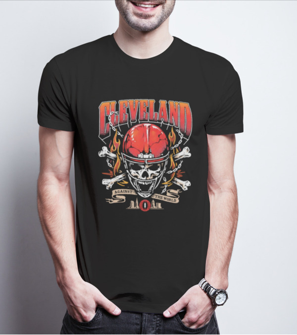 Cleveland Against The World Skull Helmet Flames Crossbones T-Shirt