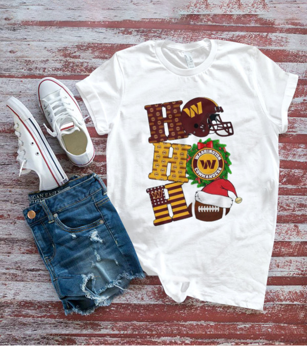 Washington Commanders Helmet Wreath Football Ho Ho Ho Merry Christmas T-Shirt