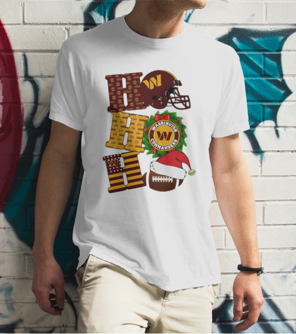 Washington Commanders Helmet Wreath Football Ho Ho Ho Merry Christmas T-Shirt
