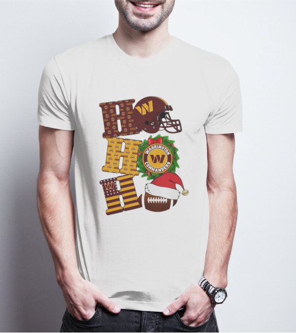 Washington Commanders Helmet Wreath Football Ho Ho Ho Merry Christmas T-Shirt