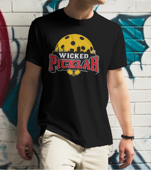 Wicked Picklah Boston Skyline Pickleball Paddle Bridge T-Shirt