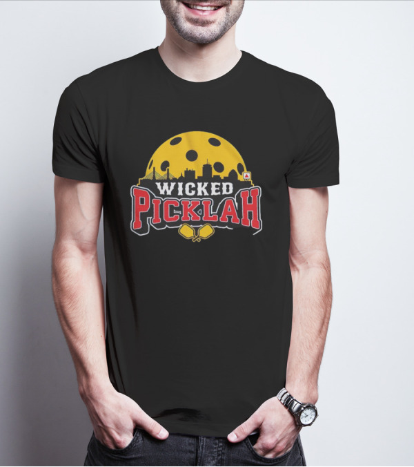 Wicked Picklah Boston Skyline Pickleball Paddle Bridge T-Shirt