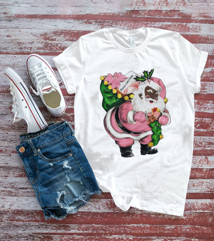 Merry Christmas Santa Claus Wear Pink Outfit With Sack And Toys T-Shirt