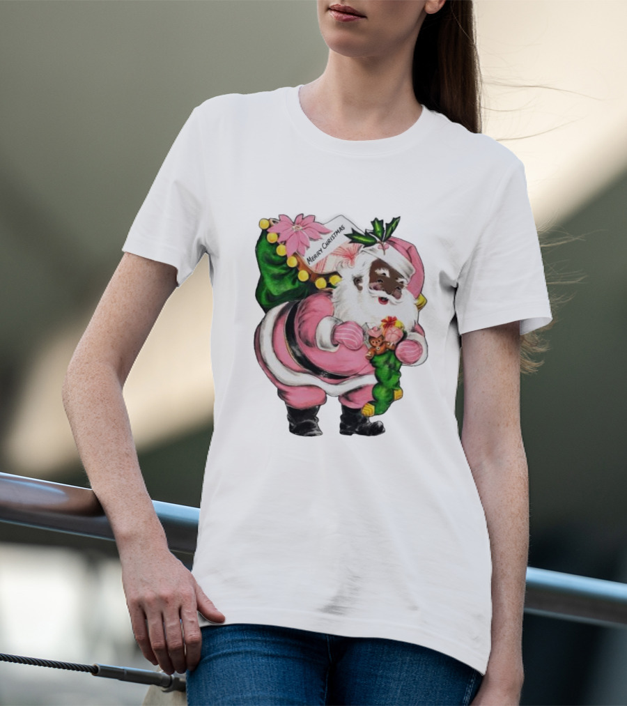 Merry Christmas Santa Claus Wear Pink Outfit With Sack And Toys T-Shirt