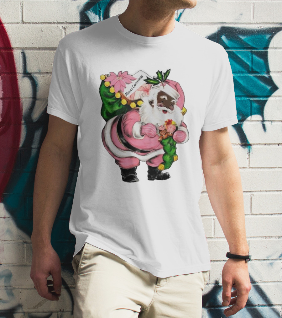 Merry Christmas Santa Claus Wear Pink Outfit With Sack And Toys T-Shirt