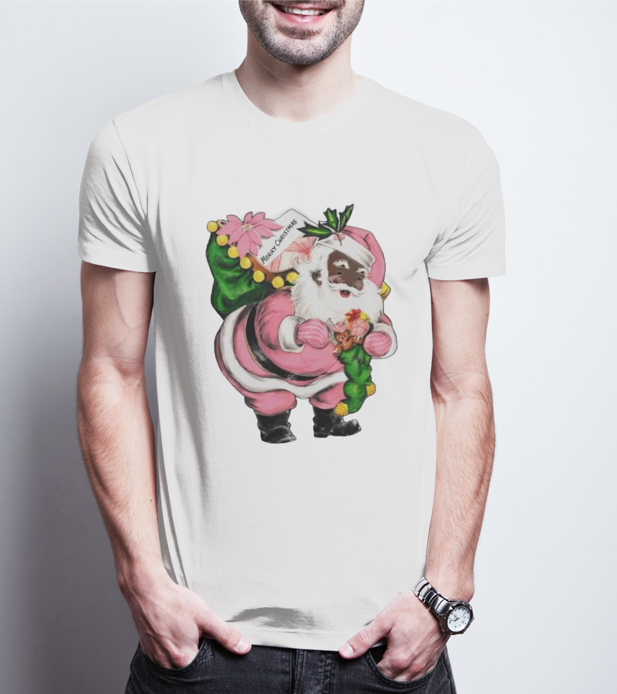 Merry Christmas Santa Claus Wear Pink Outfit With Sack And Toys T-Shirt