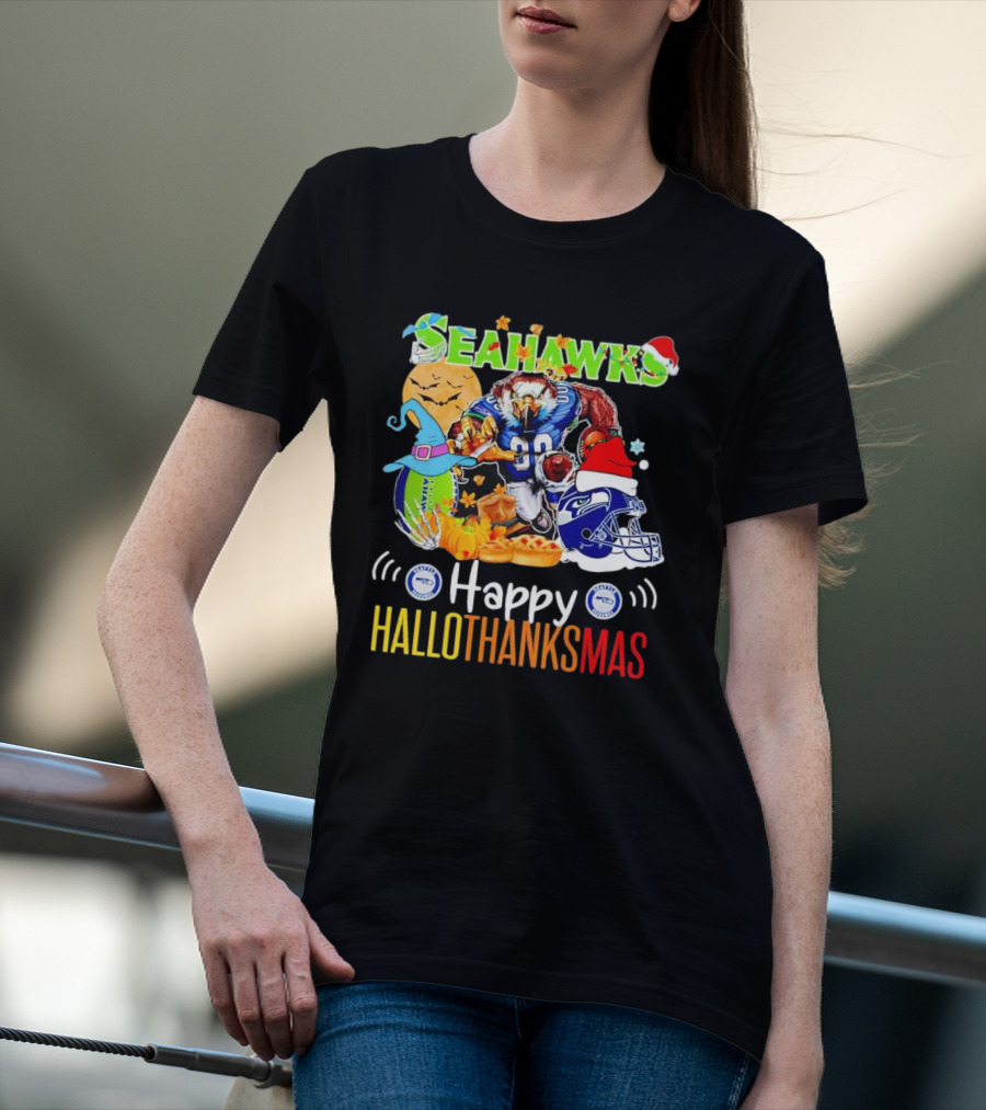 Seattle Seahawks Happy HalloThanksMas Holiday T-Shirt