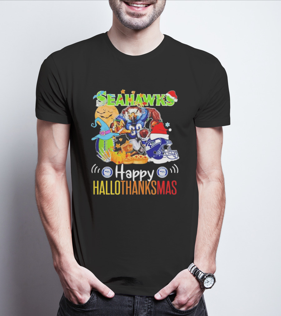 Seattle Seahawks Happy HalloThanksMas Holiday T-Shirt