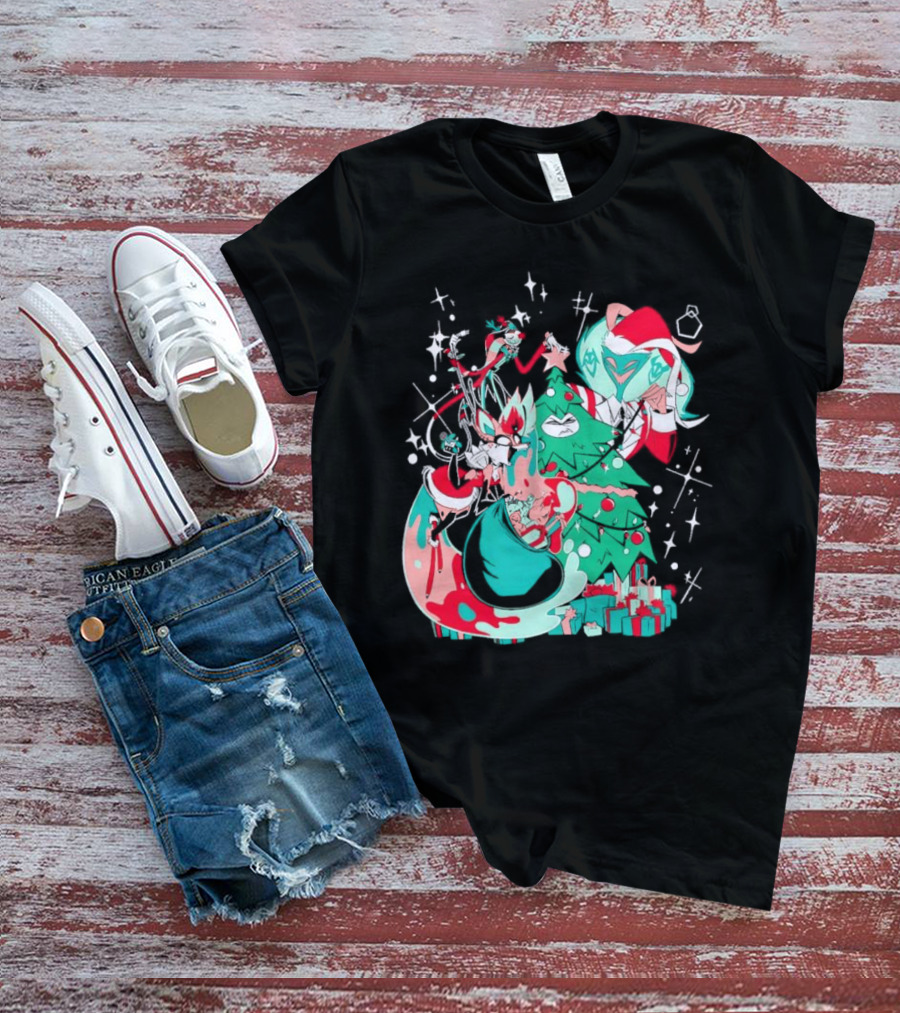 Shark Robot Sinful Holiday Christmas Hazbin Hotel Festive Tree And Characters T-Shirt