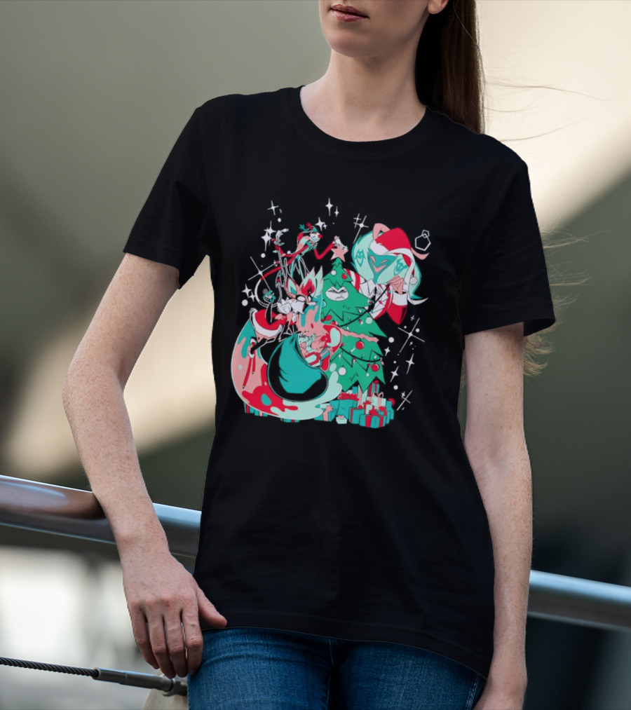 Shark Robot Sinful Holiday Christmas Hazbin Hotel Festive Tree And Characters T-Shirt