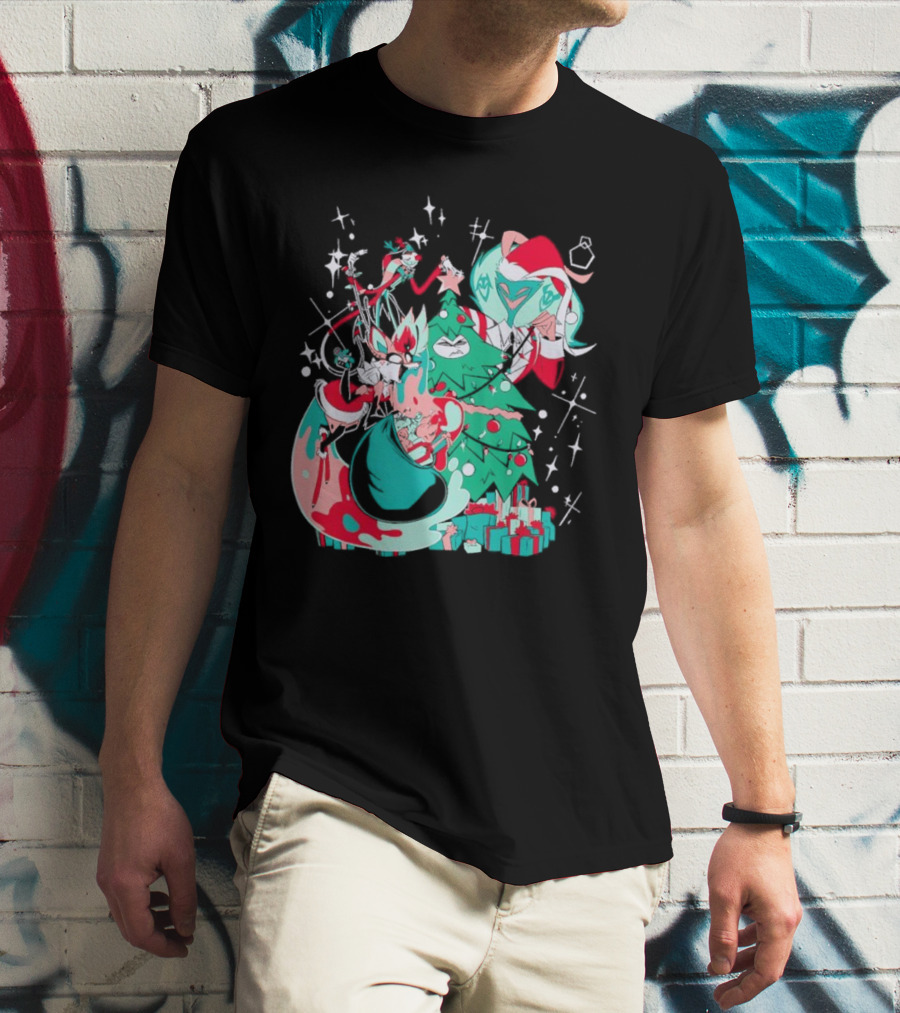 Shark Robot Sinful Holiday Christmas Hazbin Hotel Festive Tree And Characters T-Shirt