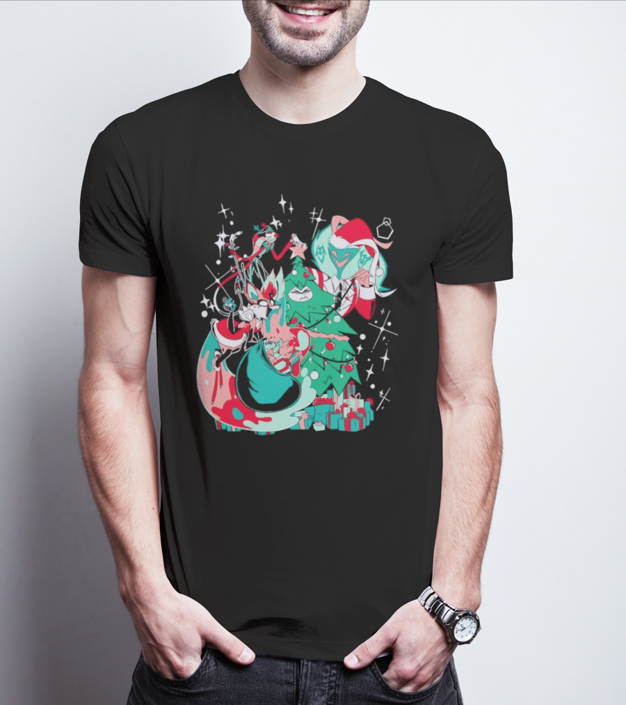 Shark Robot Sinful Holiday Christmas Hazbin Hotel Festive Tree And Characters T-Shirt