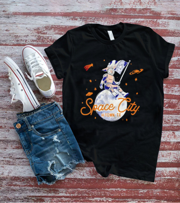 Space City H-Town TX Astronaut On Moon With Saturn And Stars T-Shirt