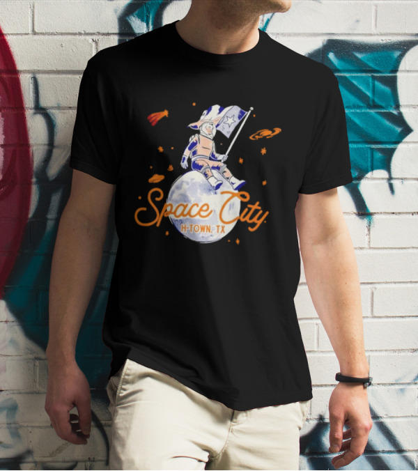 Space City H-Town TX Astronaut On Moon With Saturn And Stars T-Shirt