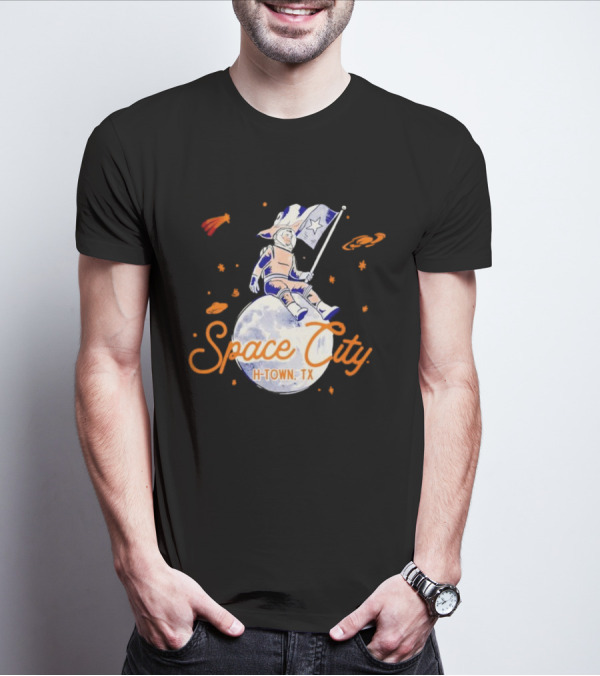 Space City H-Town TX Astronaut On Moon With Saturn And Stars T-Shirt