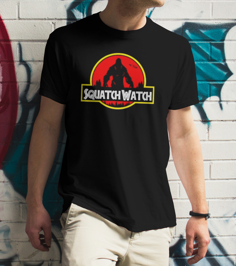 Squatch Watch Jurassic Park Logo Bigfoot UFO Forest Patrol T-Shirt