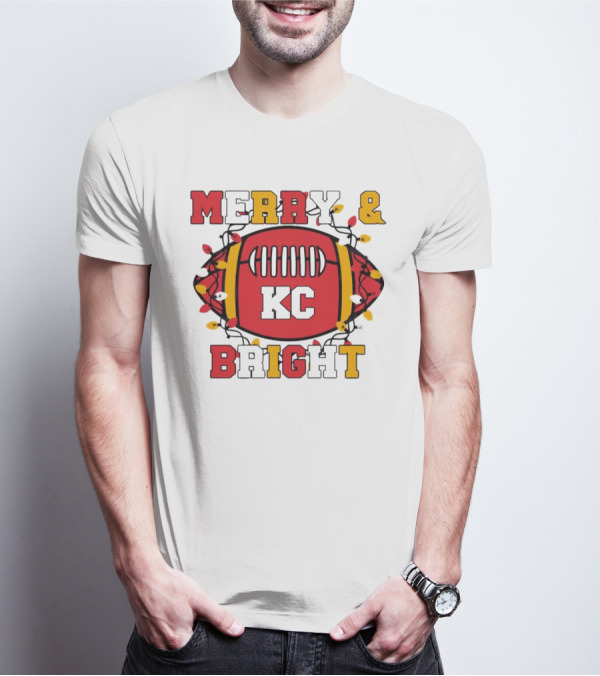 Kansas City Chiefs KC Merry And Bright Football Christmas T-Shirt