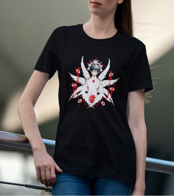 W6rst Maza Anime Angelic Figure With Wings And Red Accents T-Shirt
