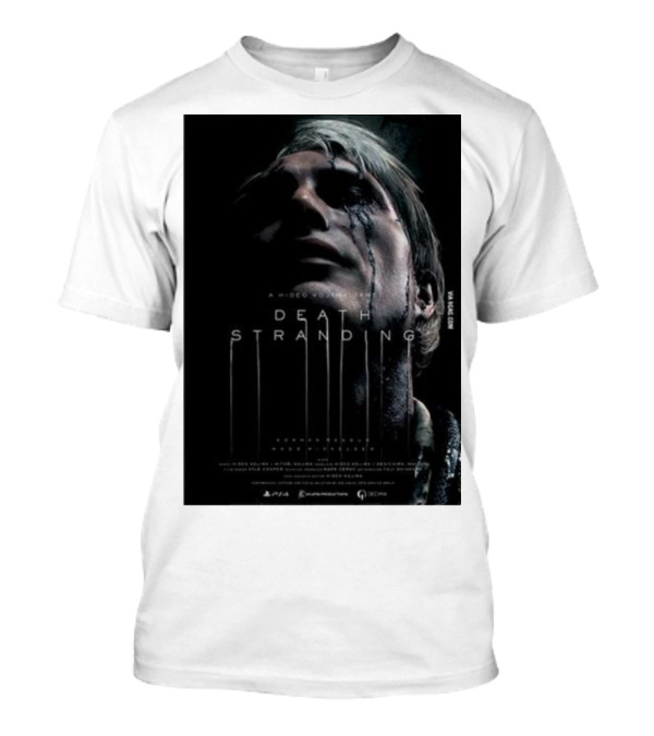 A Hideo Kojima Game Death Stranding Poster With Actor's Face And Title In Dripping T-Shirt