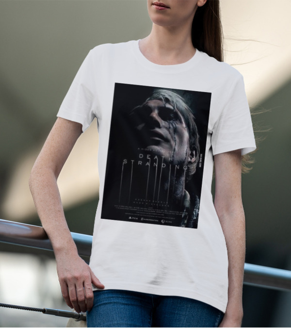 A Hideo Kojima Game Death Stranding Poster With Actor's Face And Title In Dripping T-Shirt
