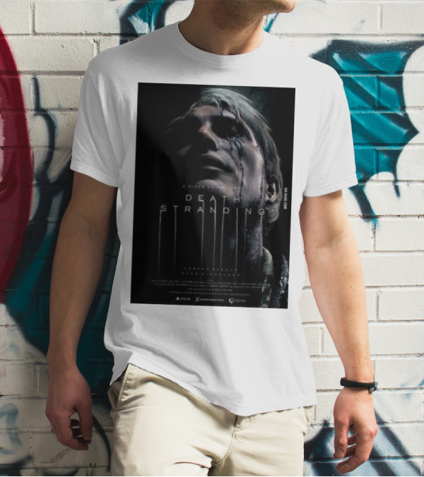 A Hideo Kojima Game Death Stranding Poster With Actor's Face And Title In Dripping T-Shirt