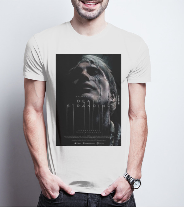 A Hideo Kojima Game Death Stranding Poster With Actor's Face And Title In Dripping T-Shirt