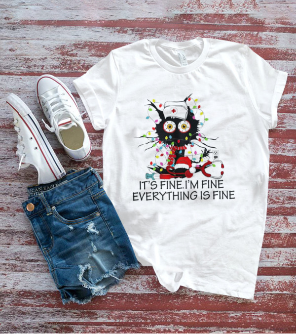 Black Cat Nurse It's Fine I'm Fine Everything Is Fine Christmas Lights Stethoscope T-Shirt