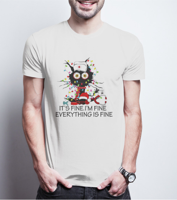 Black Cat Nurse It's Fine I'm Fine Everything Is Fine Christmas Lights Stethoscope T-Shirt