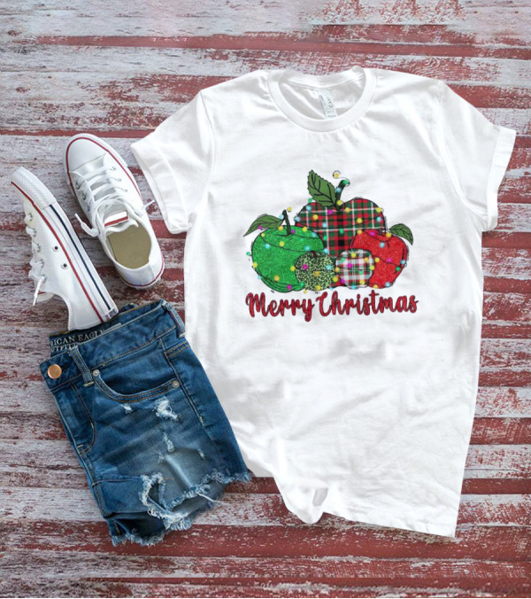 Merry Christmas Apples Plaid And Lights T-Shirt