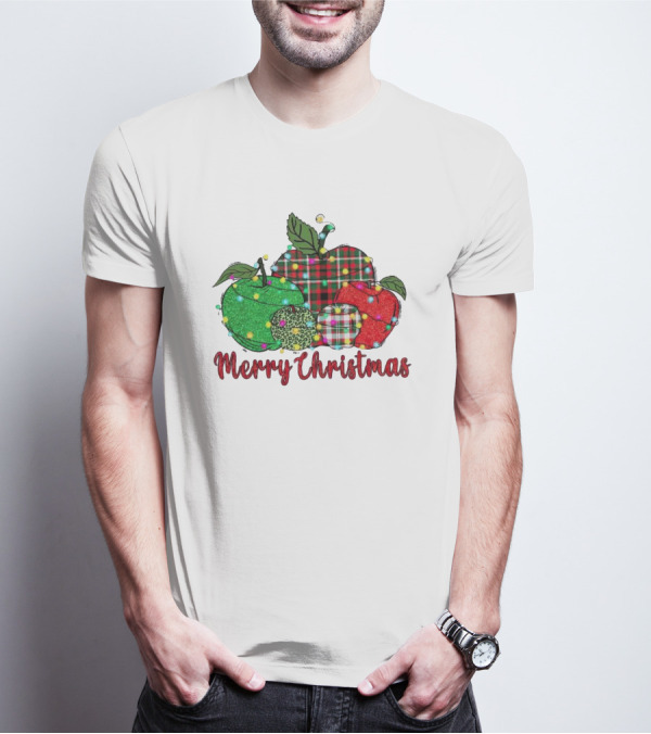 Merry Christmas Apples Plaid And Lights T-Shirt