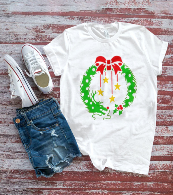 Christmas Wreath Dragon With Four Stars And Red Bow T-Shirt