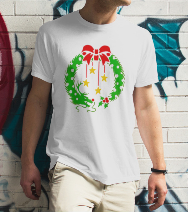 Christmas Wreath Dragon With Four Stars And Red Bow T-Shirt