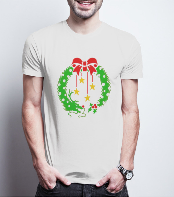 Christmas Wreath Dragon With Four Stars And Red Bow T-Shirt