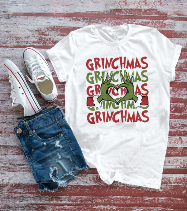 Grinch Hand Heart Love Grinchmas Repeating Text T-Shirt