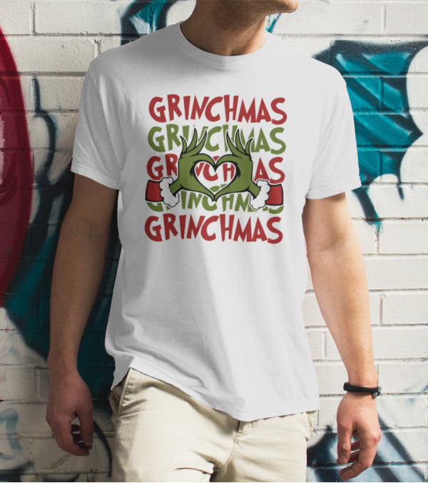 Grinch Hand Heart Love Grinchmas Repeating Text T-Shirt