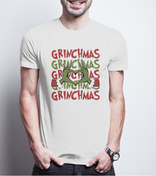 Grinch Hand Heart Love Grinchmas Repeating Text T-Shirt