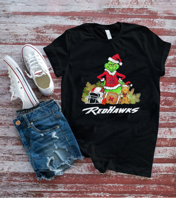 Grinch With Miami RedHawks Christmas Football Santa Hat T-Shirt