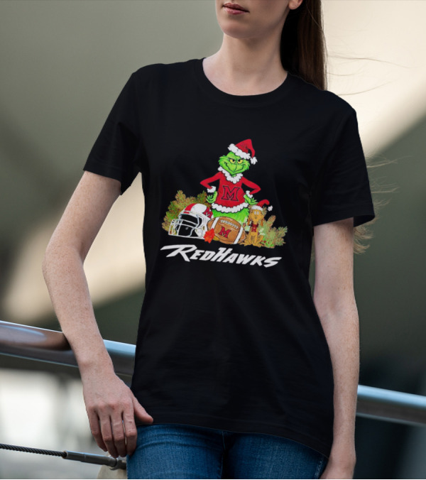 Grinch With Miami RedHawks Christmas Football Santa Hat T-Shirt