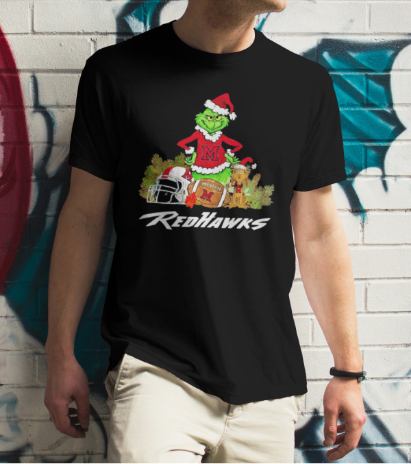 Grinch With Miami RedHawks Christmas Football Santa Hat T-Shirt