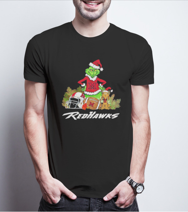 Grinch With Miami RedHawks Christmas Football Santa Hat T-Shirt