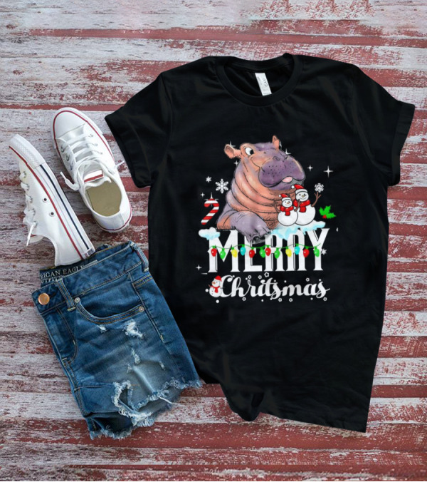 Hippo Merry Christmas Snowmen Candy Cane Lights T-Shirt