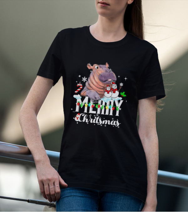 Hippo Merry Christmas Snowmen Candy Cane Lights T-Shirt